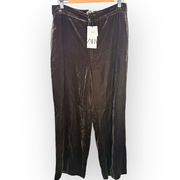Zara NWT Dark Brown Silk Blend Velour Wide Leg Pants Large